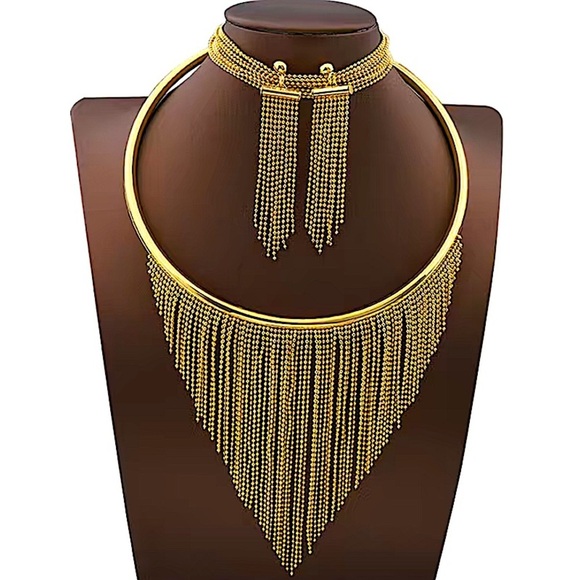 Gold Fringe Tassel Necklace Bracelet Earrings Matching Boho Set - Picture 1 of 13